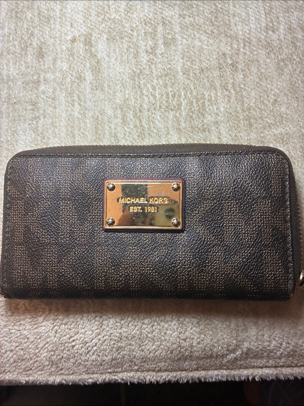 Michael Kors Dark Brown Monogram Zip Wallet‎ with Gold Plate